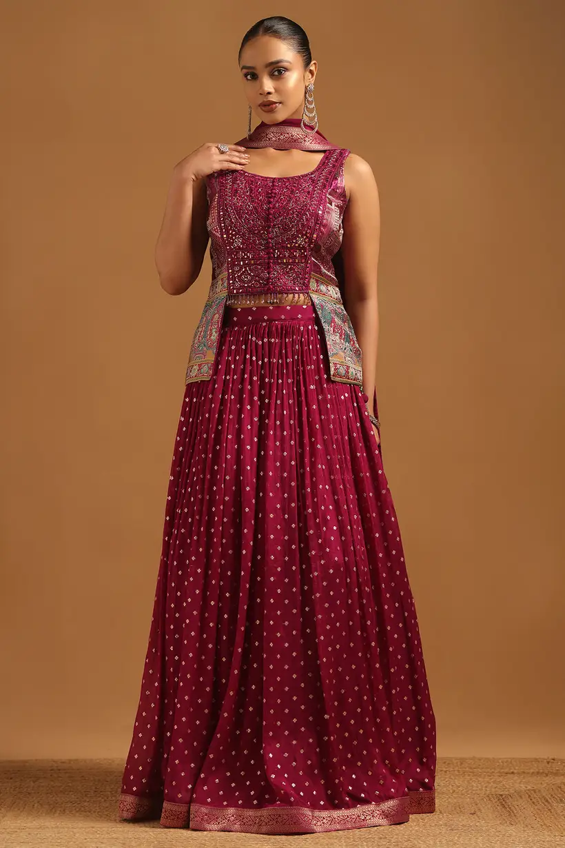 Magenta Brocade Ethnic Motifs Hand Embroidered Lehenga With Mirror Work